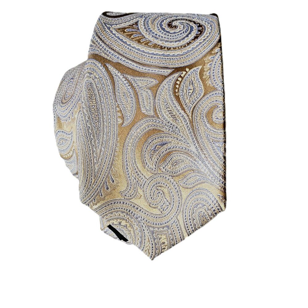 Michael Kors 100% Silk men's necktie Paisley Light blue on Gold  62"x 3.5"